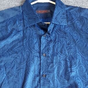 Etro 46 Men's Deep Blue Paisley Button Down Shirt